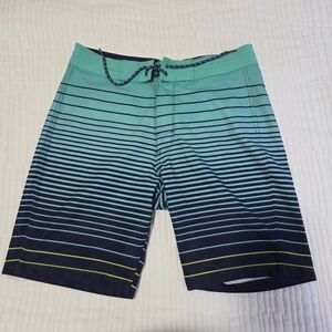 Old Navy Teal to Navy Gradient Stripe Swim Shorts with Lime Accents